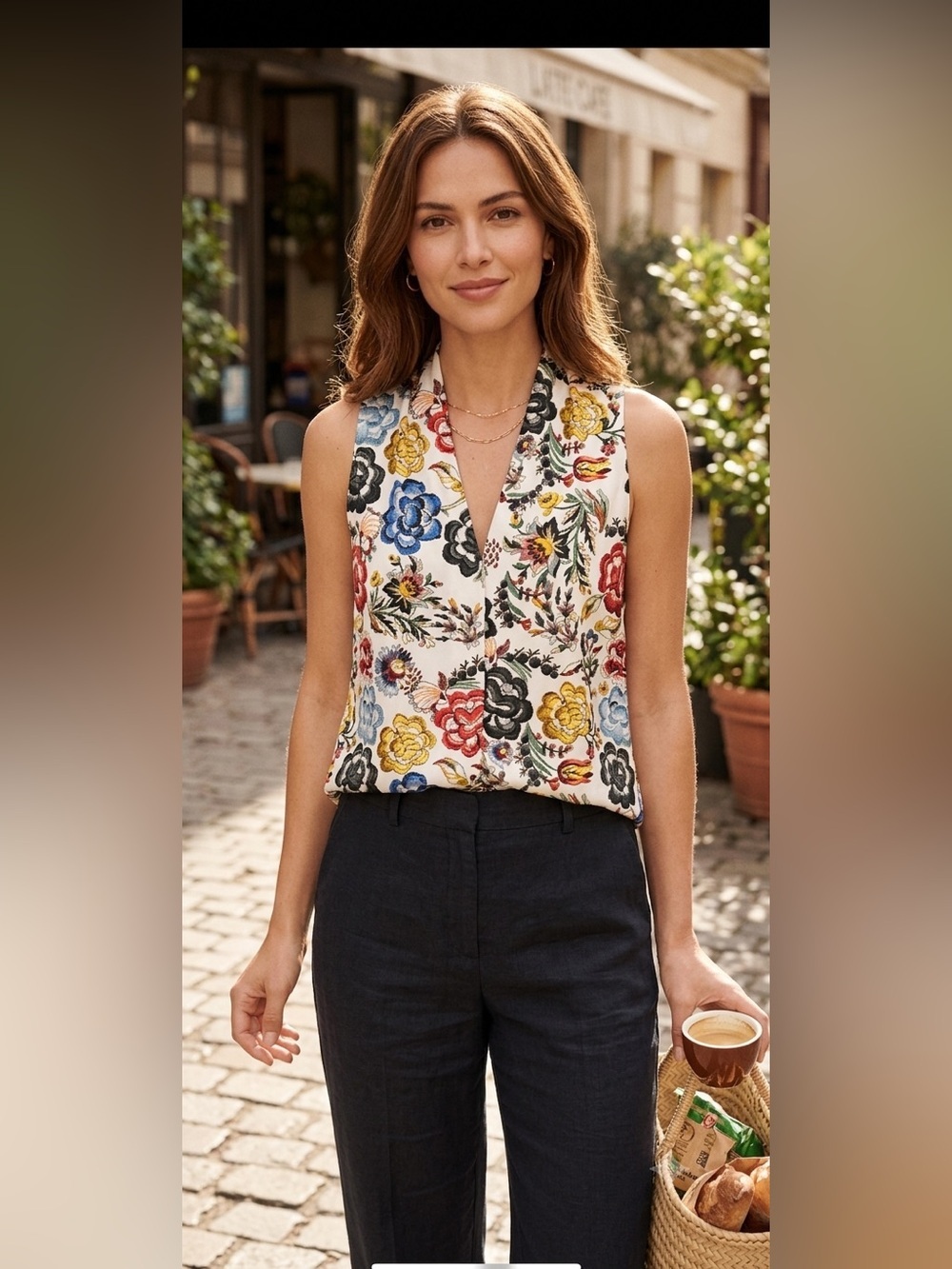Isle by Melis Kozan sleeveless floral blouse Sz S front pleat fun funky Turkish